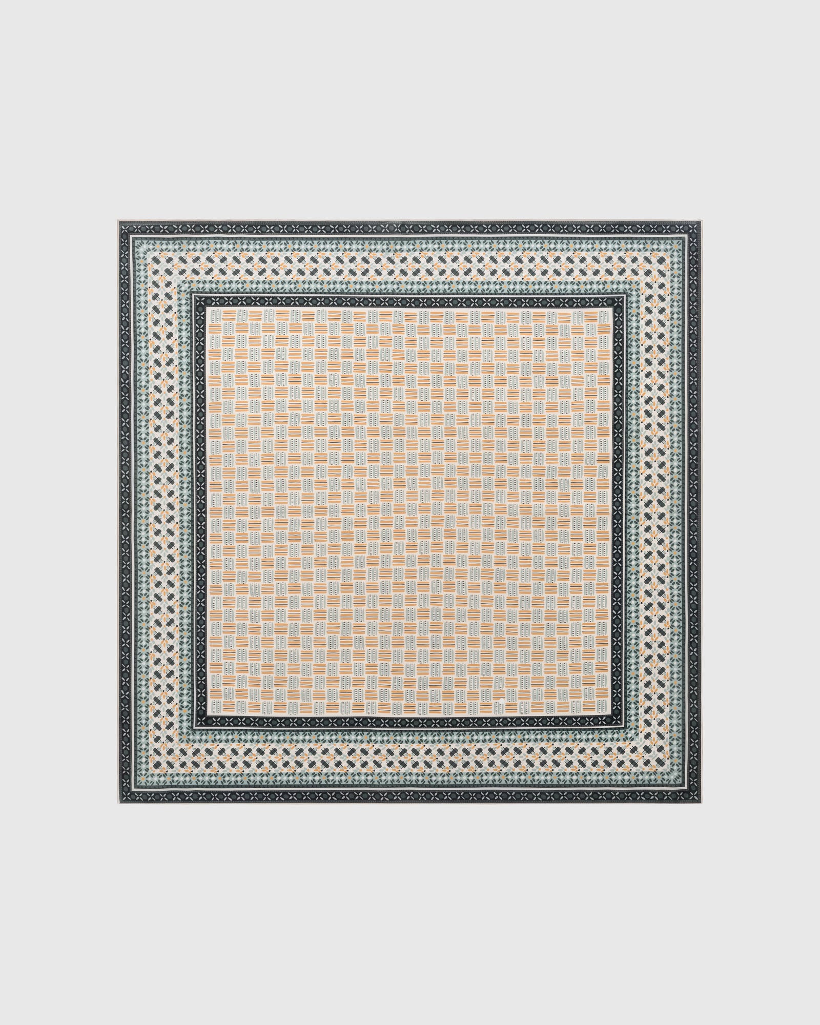 Mosaic tile silk scarf in saffron, sage, and charcoal with geometric borders by STICKYZOO