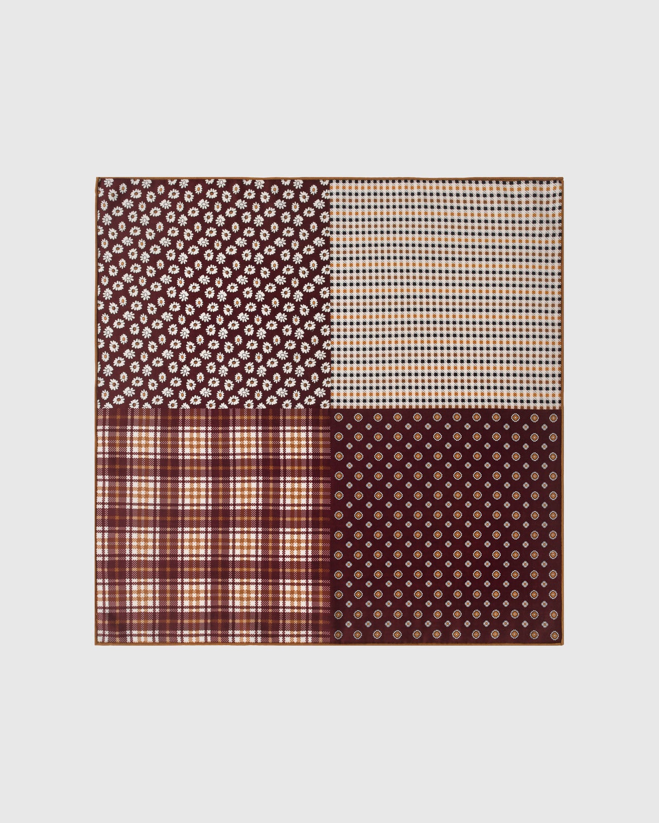 Oxblood patchwork silk scarf with hand-illustrated daisy, houndstooth, plaid, and foulard quadrants by STICKYZOO