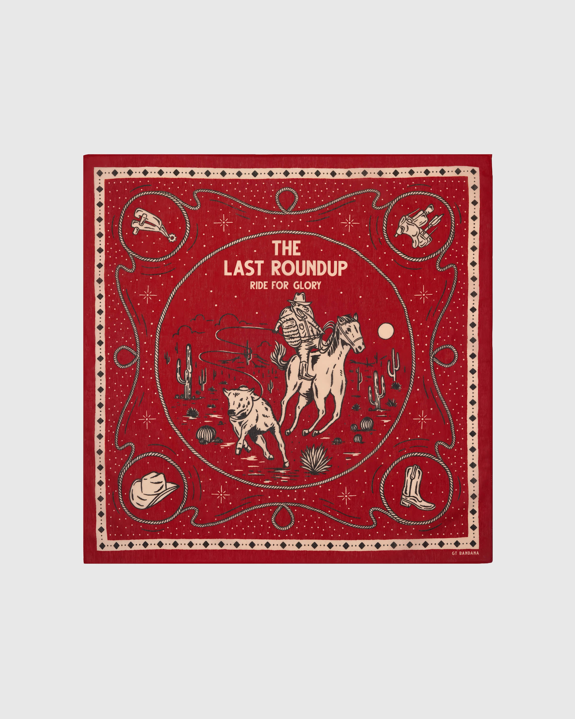 Last roundup silk scarf with hand-illustrated cowboy and cattle motif on cherry-red field by STICKYZOO