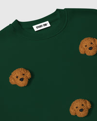 Back view of STICKYZOO Poodle Parade Sweatshirt in forest green showing clean construction