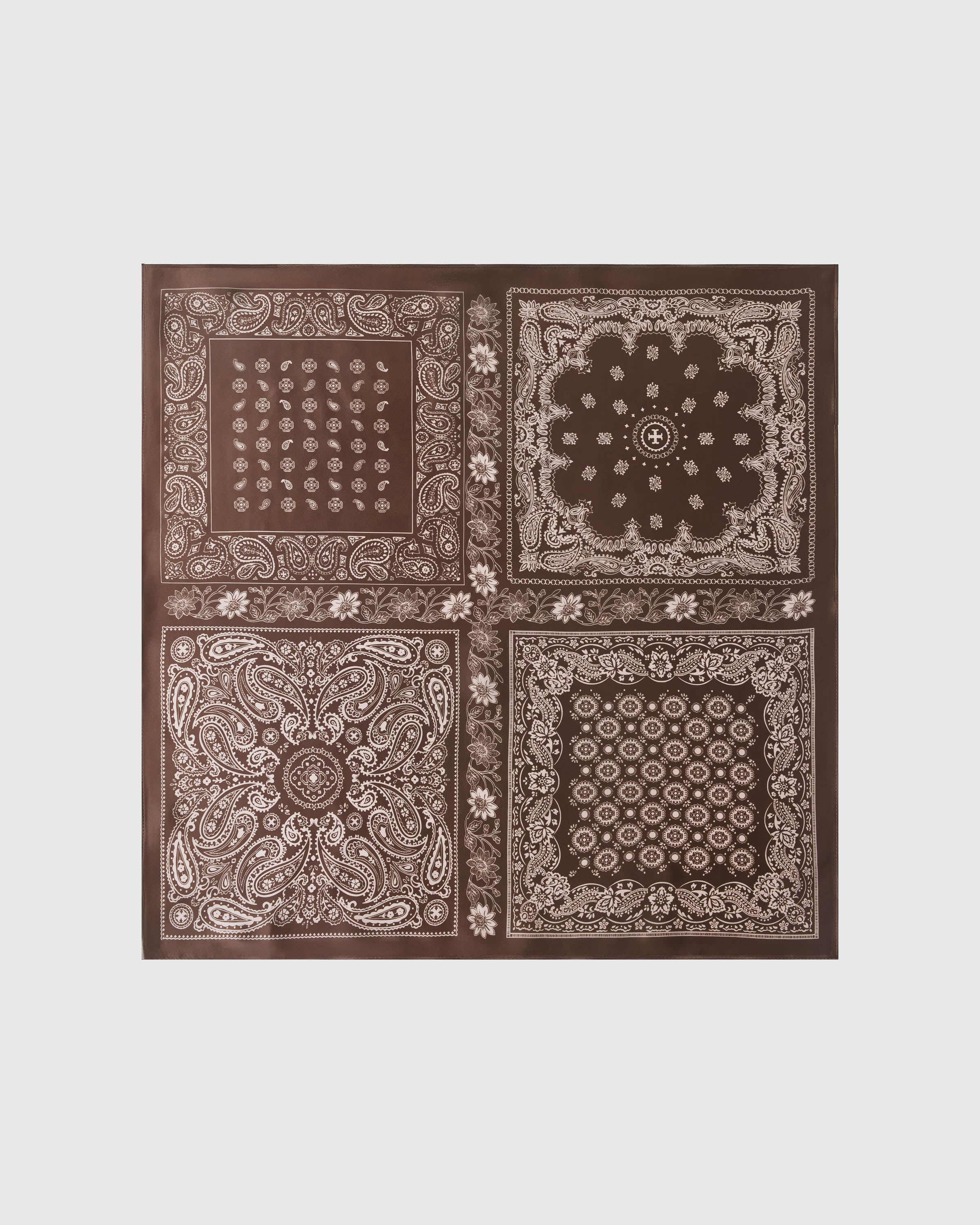Cocoa patchwork silk scarf with hand-illustrated ivory paisley quadrant print by STICKYZOO