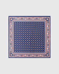 Navy foulard silk scarf with mustard diamond print and folkloric tile border by STICKYZOO