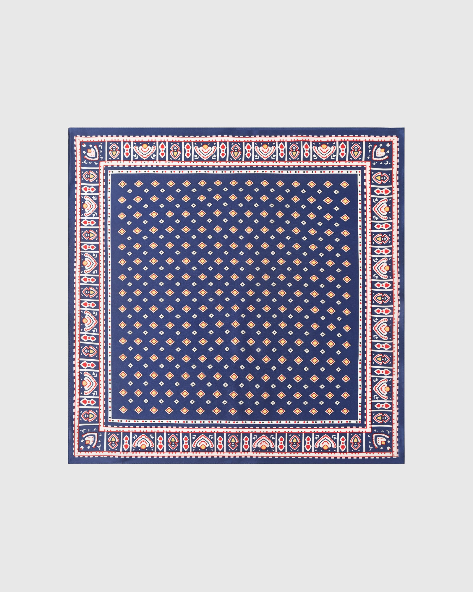 Navy foulard silk scarf with mustard diamond print and folkloric tile border by STICKYZOO