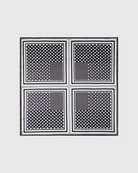 Monochrome dot grid silk scarf with hand-illustrated polka-dot quadrants and graphic stripe border by STICKYZOO