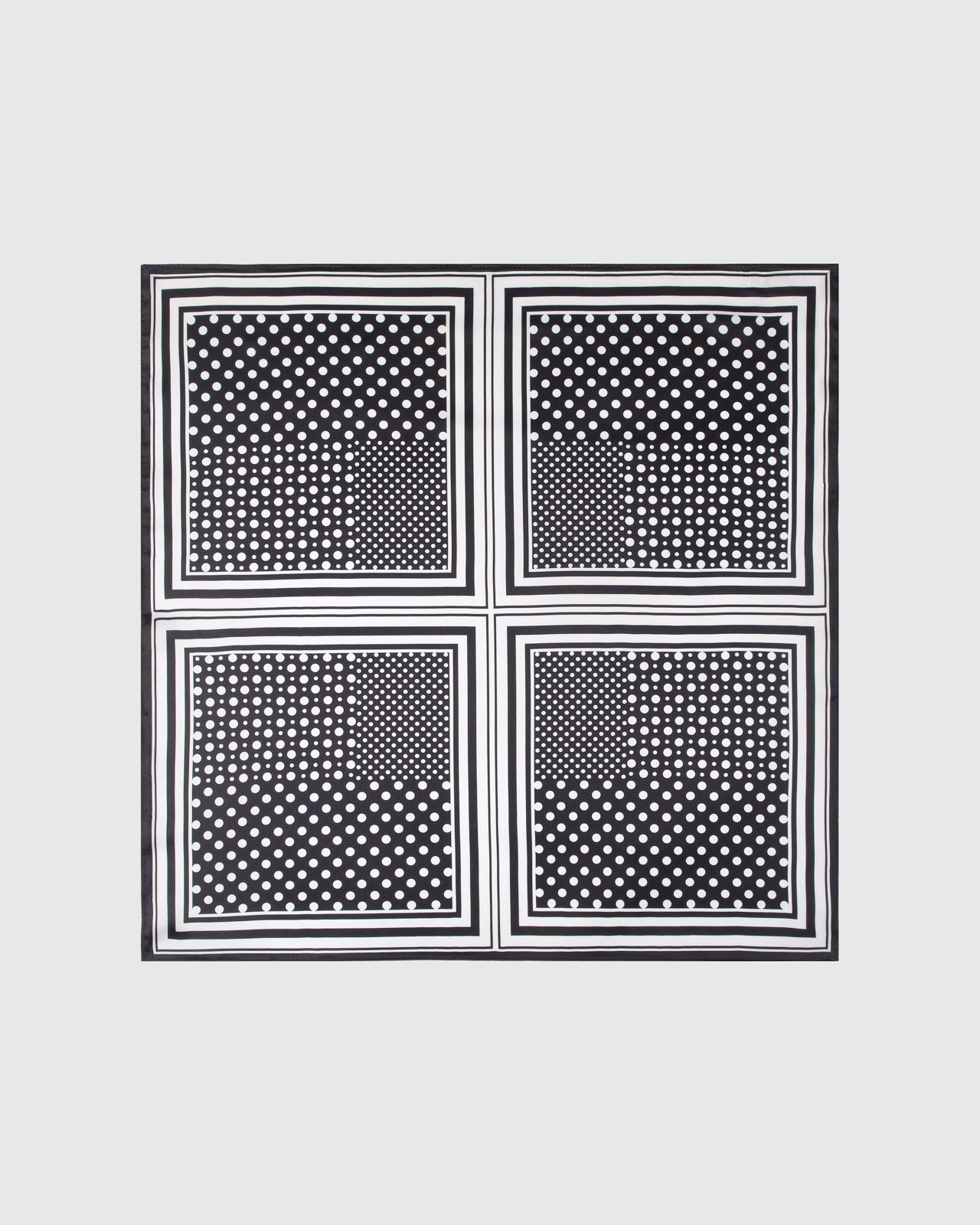 Monochrome dot grid silk scarf with hand-illustrated polka-dot quadrants and graphic stripe border by STICKYZOO