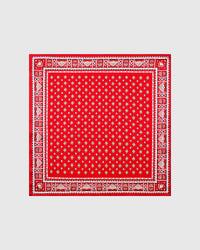 Poppy foulard silk scarf with mustard diamonds on red and folkloric tile border by STICKYZOO