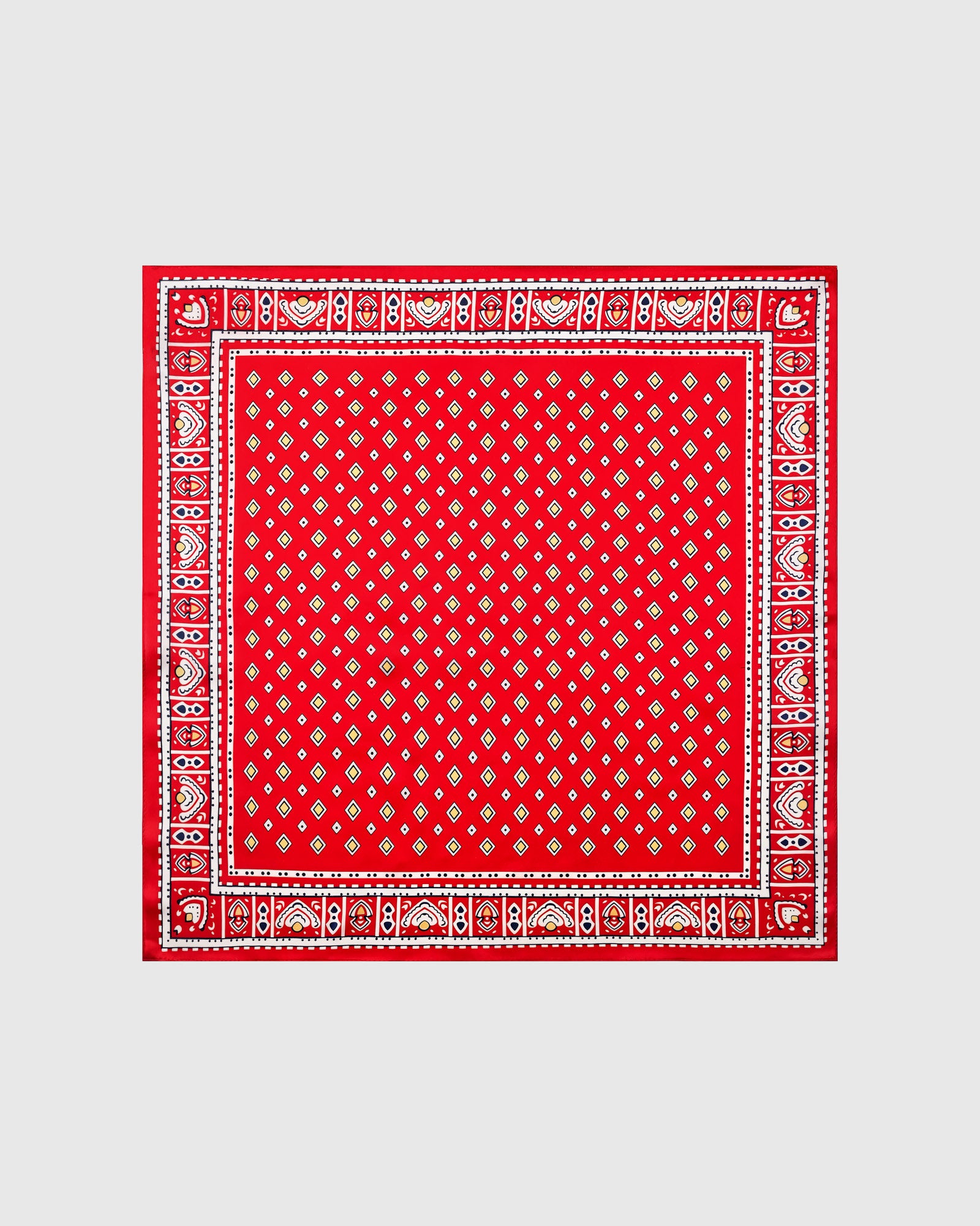 Poppy foulard silk scarf with mustard diamonds on red and folkloric tile border by STICKYZOO