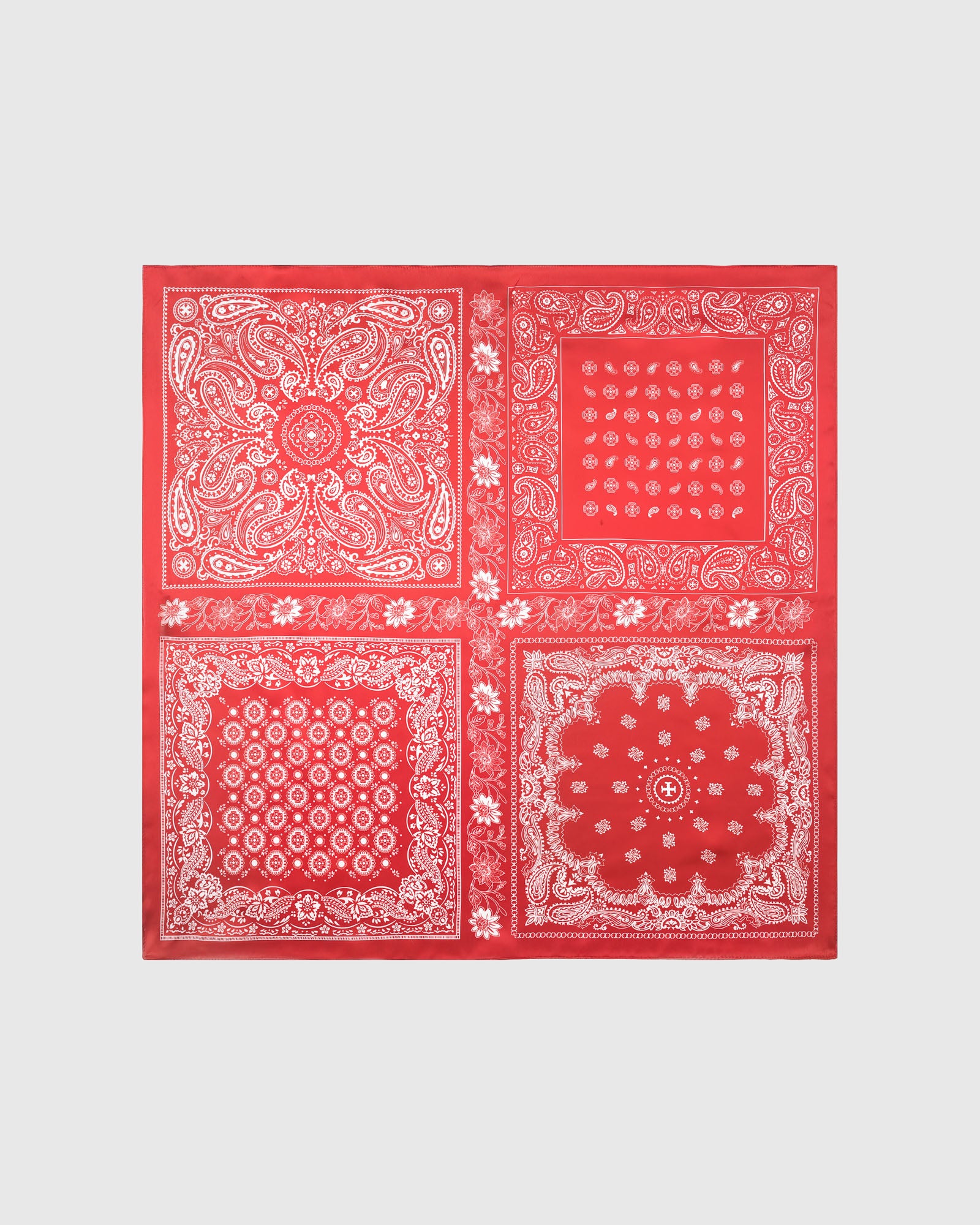 Rouge bandana silk scarf with four heritage panels of paisley and mandala by STICKYZOO