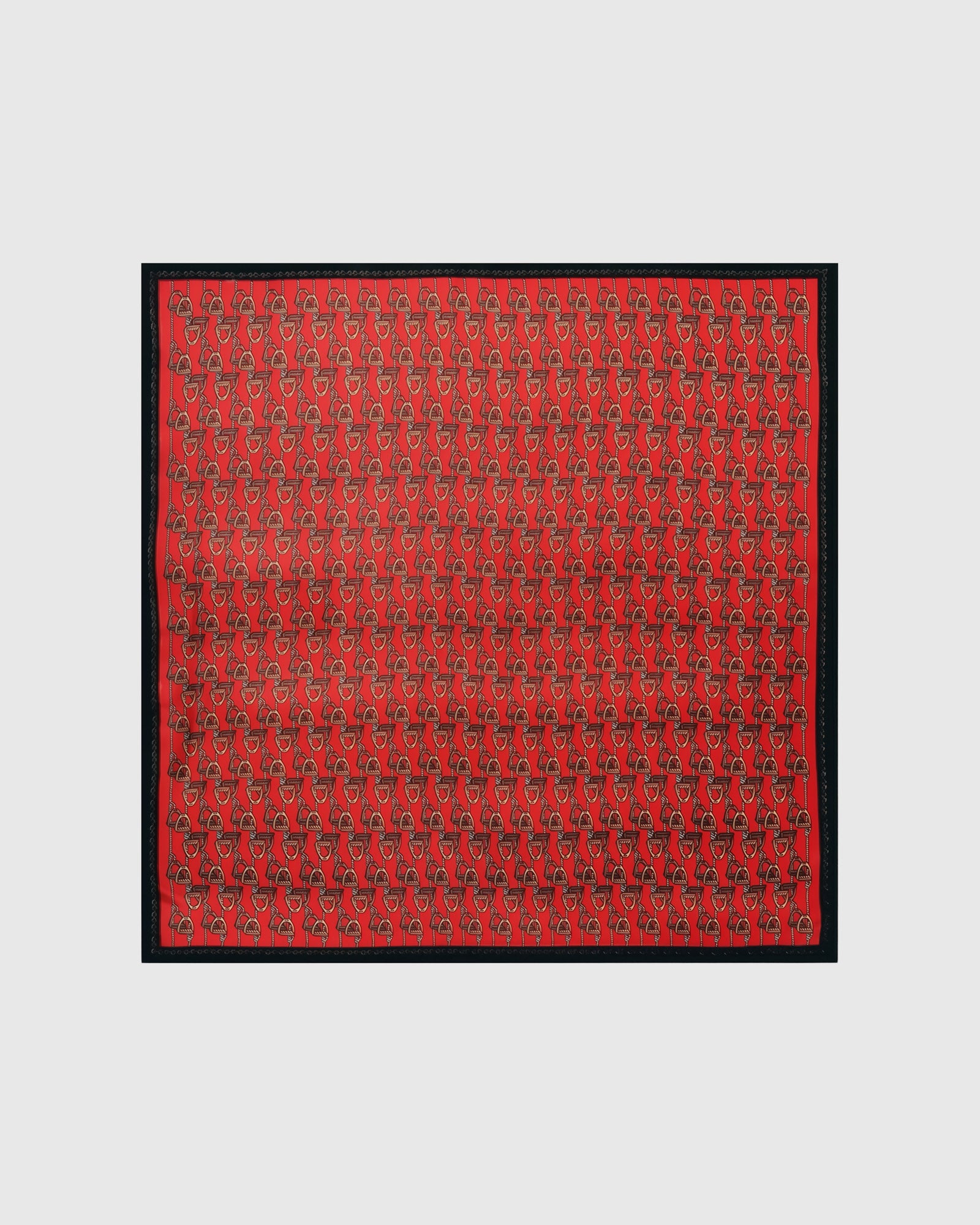 Equestrian stirrup silk scarf with hand-illustrated gold stirrups on red and black border by STICKYZOO