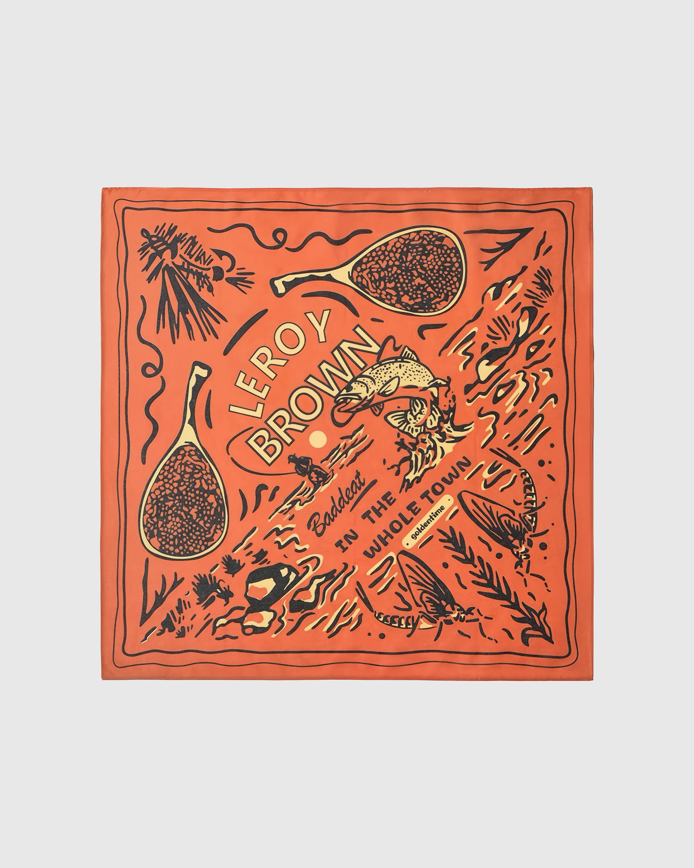 River trout silk scarf with hand-illustrated fly-fishing motif on a burnt-orange field by STICKYZOO