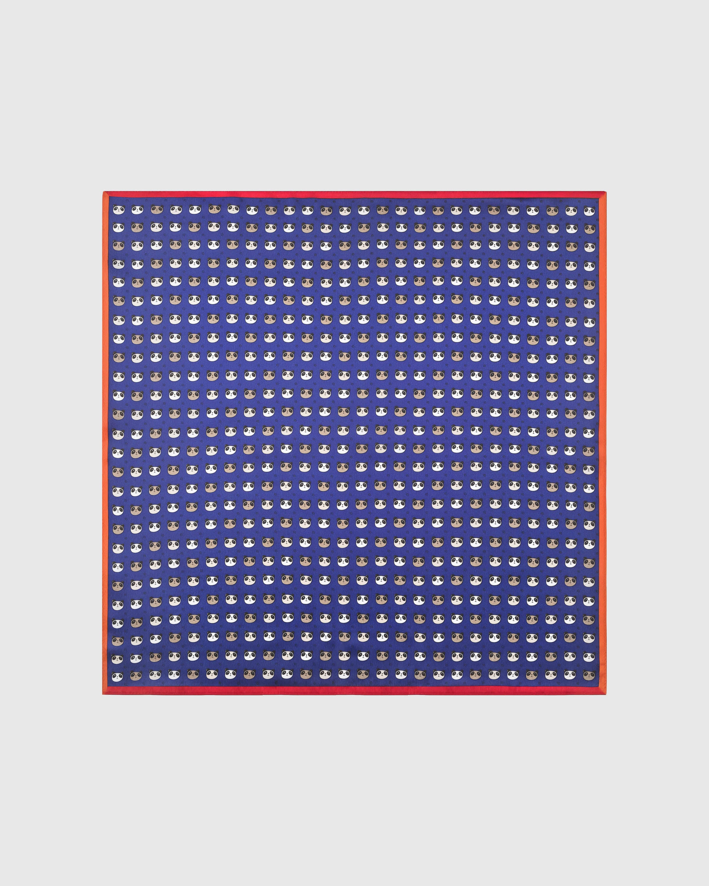 Panda parade silk scarf with hand-illustrated panda print on navy and a red-orange border by STICKYZOO