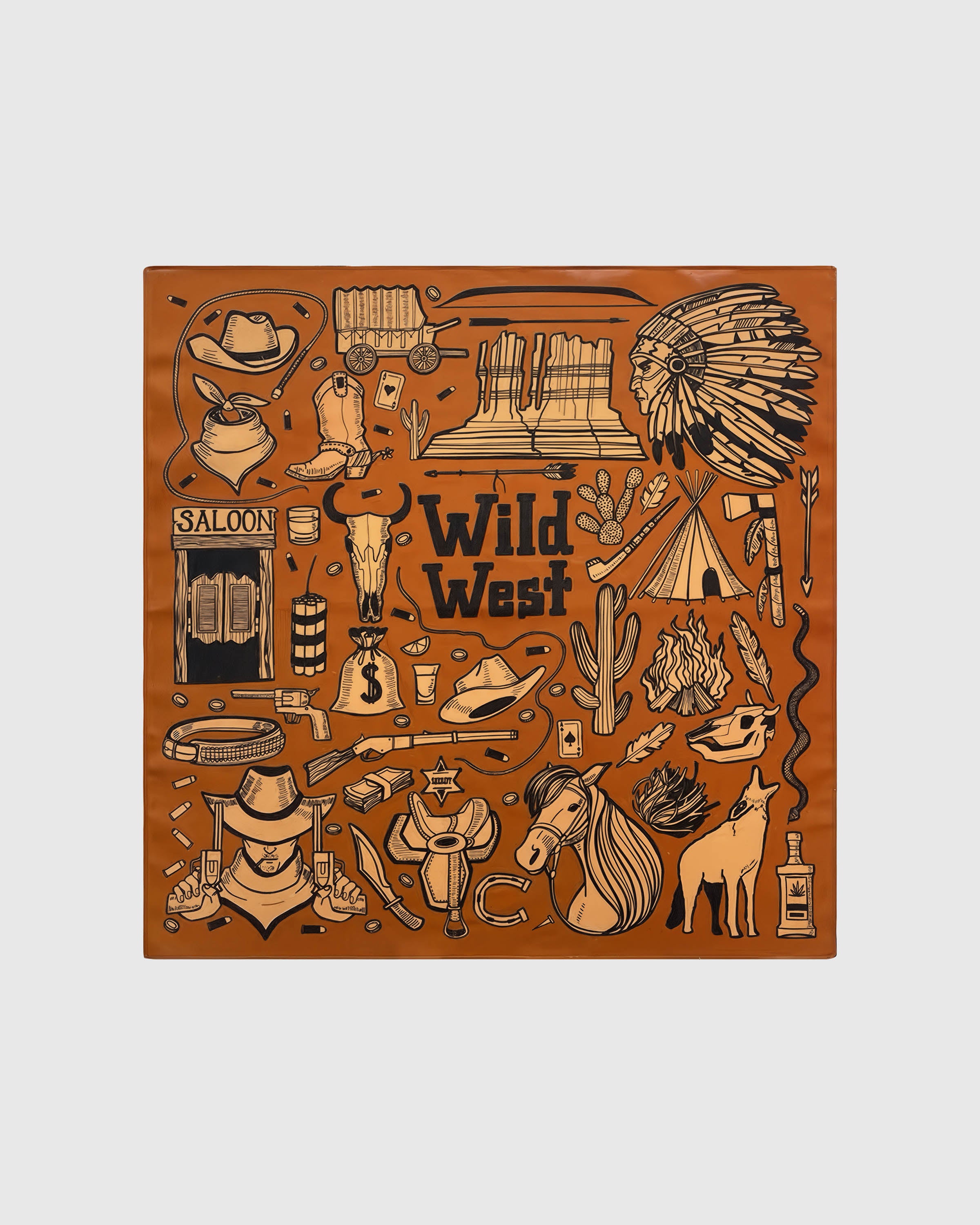 Frontier iconography silk scarf with hand-illustrated western motifs on a cognac field by STICKYZOO