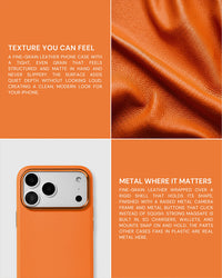 Close-up of the fine-grain leather and real metal hardware on the orange STICKYZOO iPhone case