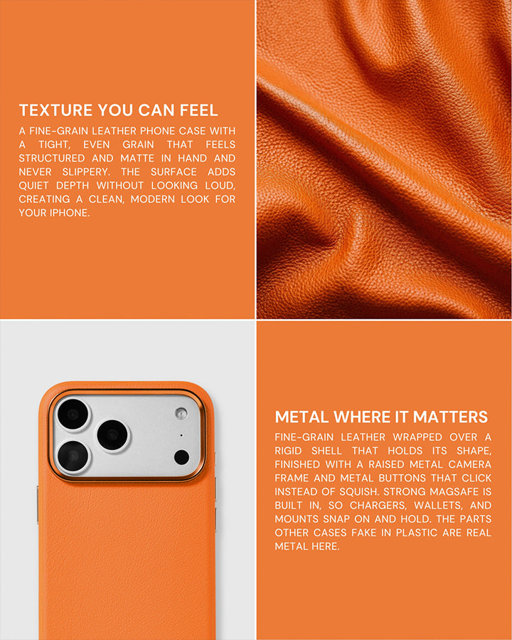 Close-up of the fine-grain leather and real metal hardware on the orange STICKYZOO iPhone case
