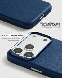 Precise speaker and charging cutouts and the raised metal camera edge on the navy leather case
