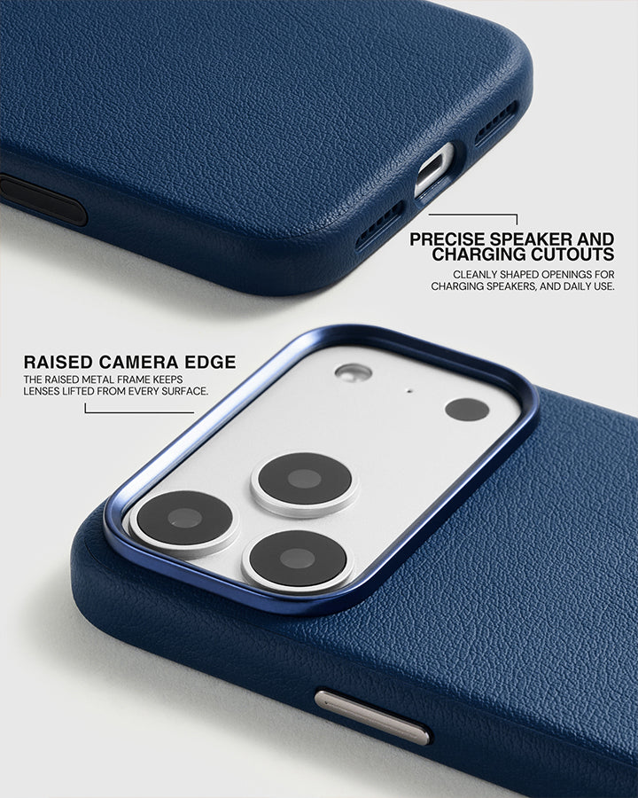 Precise speaker and charging cutouts and the raised metal camera edge on the navy leather case