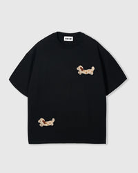 STICKYZOO Spotty Dash Dachshund T-Shirt in black with hand-stitched spotted dachshund appliques