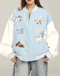 Flat-lay of Wag Wag Puppy Jacket on neutral background showing full chenille patch layout