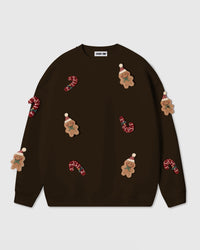 STICKYZOO Gingerbread Party Crashers Sweatshirt in dark brown with eleven hand-stitched 3D plush gingerbread men and candy cane appliques