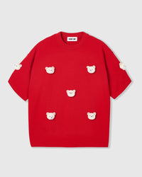 STICKYZOO TEDDY CHECK-EAR CHARM T-SHIRT in red featuring 7 hand-stitched plush check-ear bears, designed in Amsterdam
