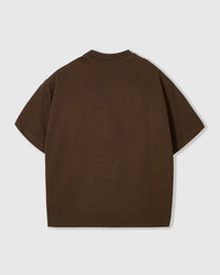 Back view of STICKYZOO brown Runaway Croissant T-Shirt showing boxy silhouette and ribbed neckline