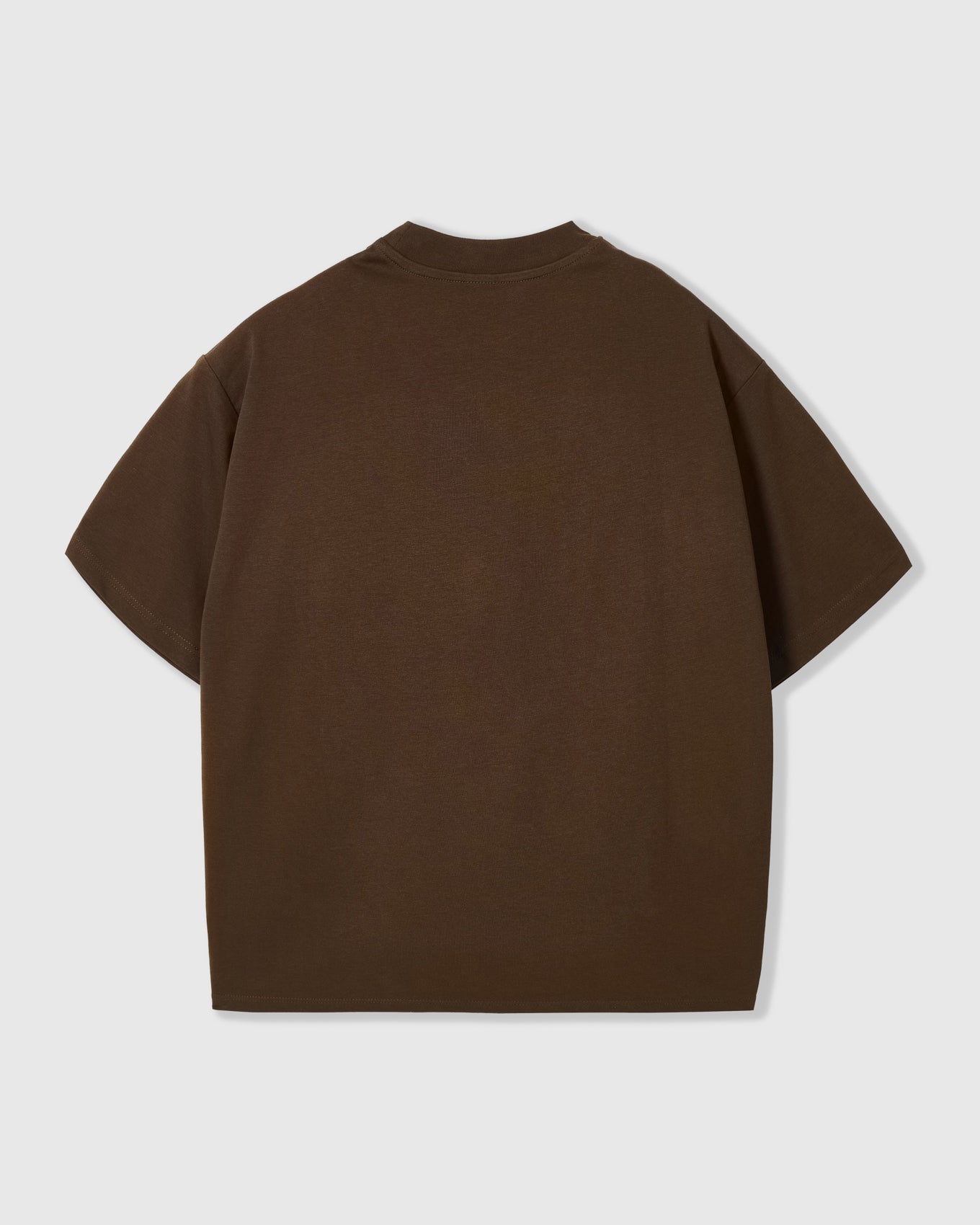 Back view of STICKYZOO brown Runaway Croissant T-Shirt showing boxy silhouette and ribbed neckline