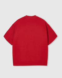 Back view of STICKYZOO red Runaway Croissant T-Shirt showing boxy silhouette and ribbed neckline