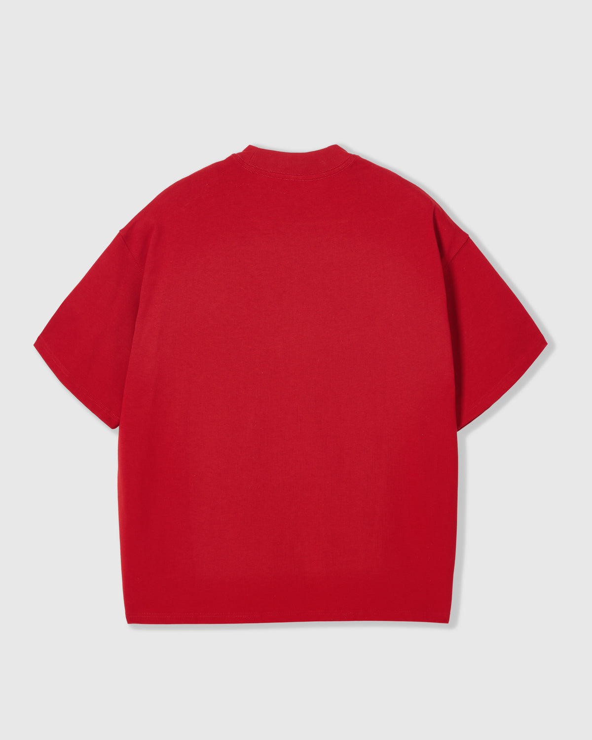 Back view of STICKYZOO red Runaway Croissant T-Shirt showing boxy silhouette and ribbed neckline
