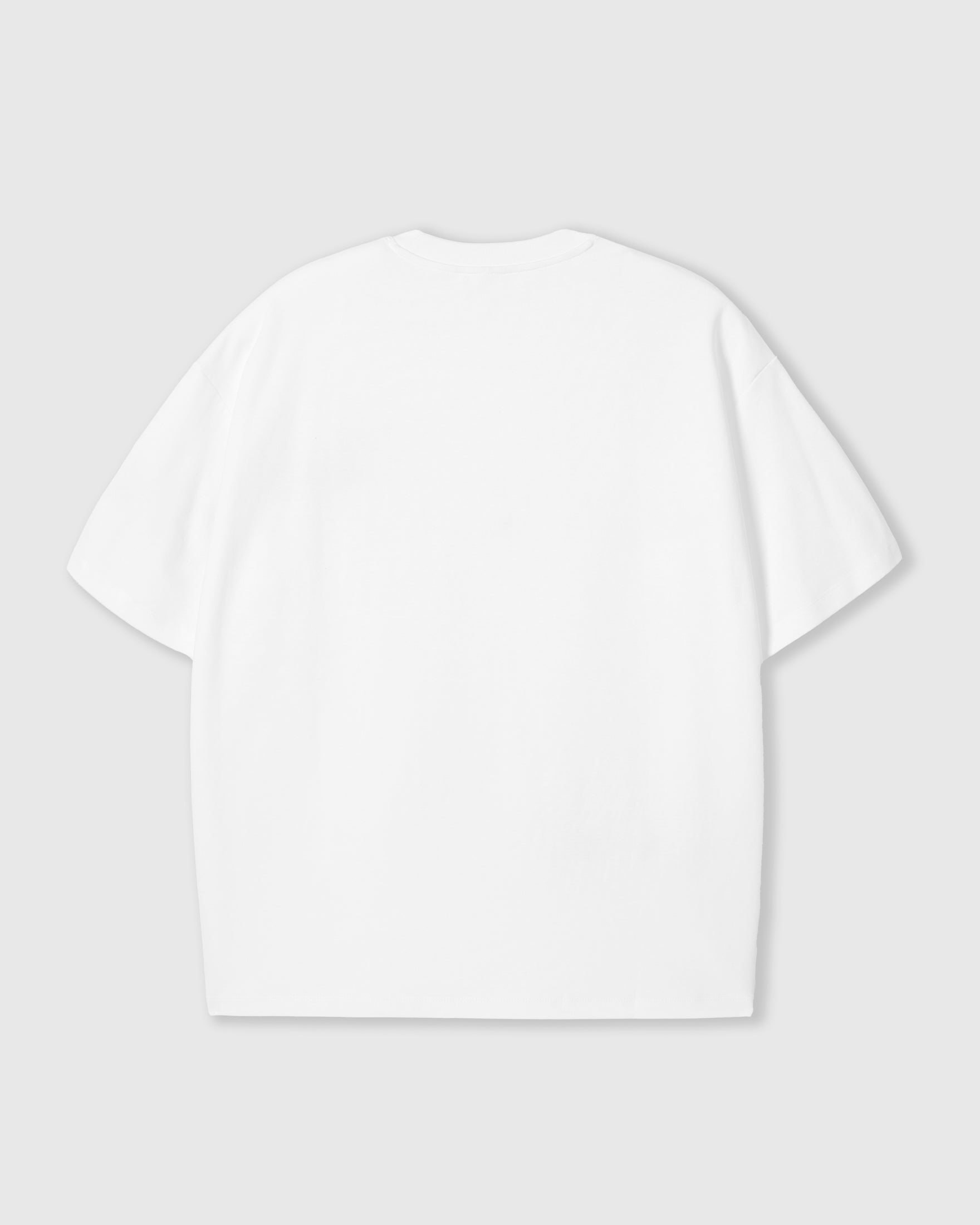 Back view of STICKYZOO Cherry T-Shirt in white showing dropped shoulders and relaxed boxy proportions