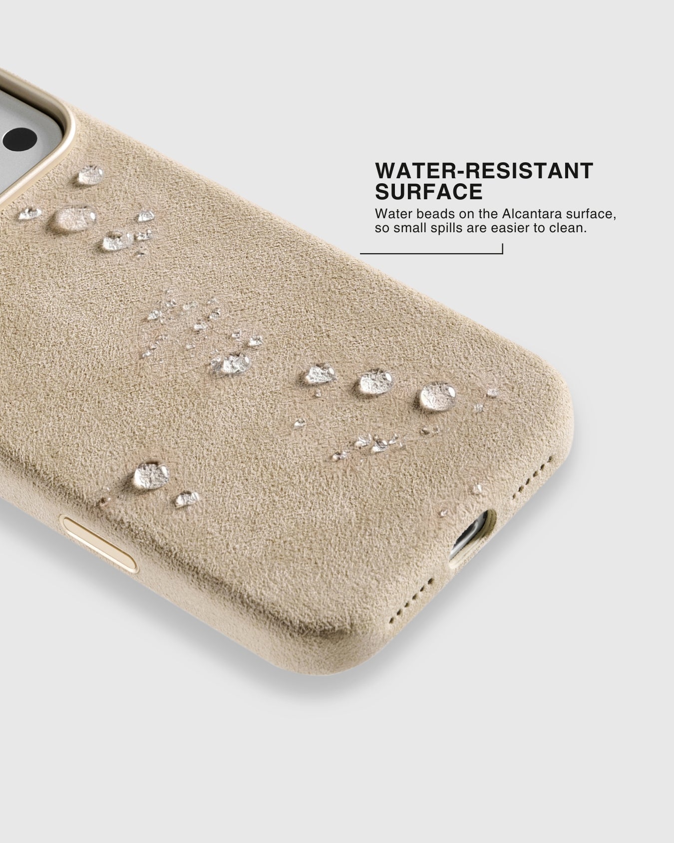 Water droplets beading on sand Italian suede phone case surface