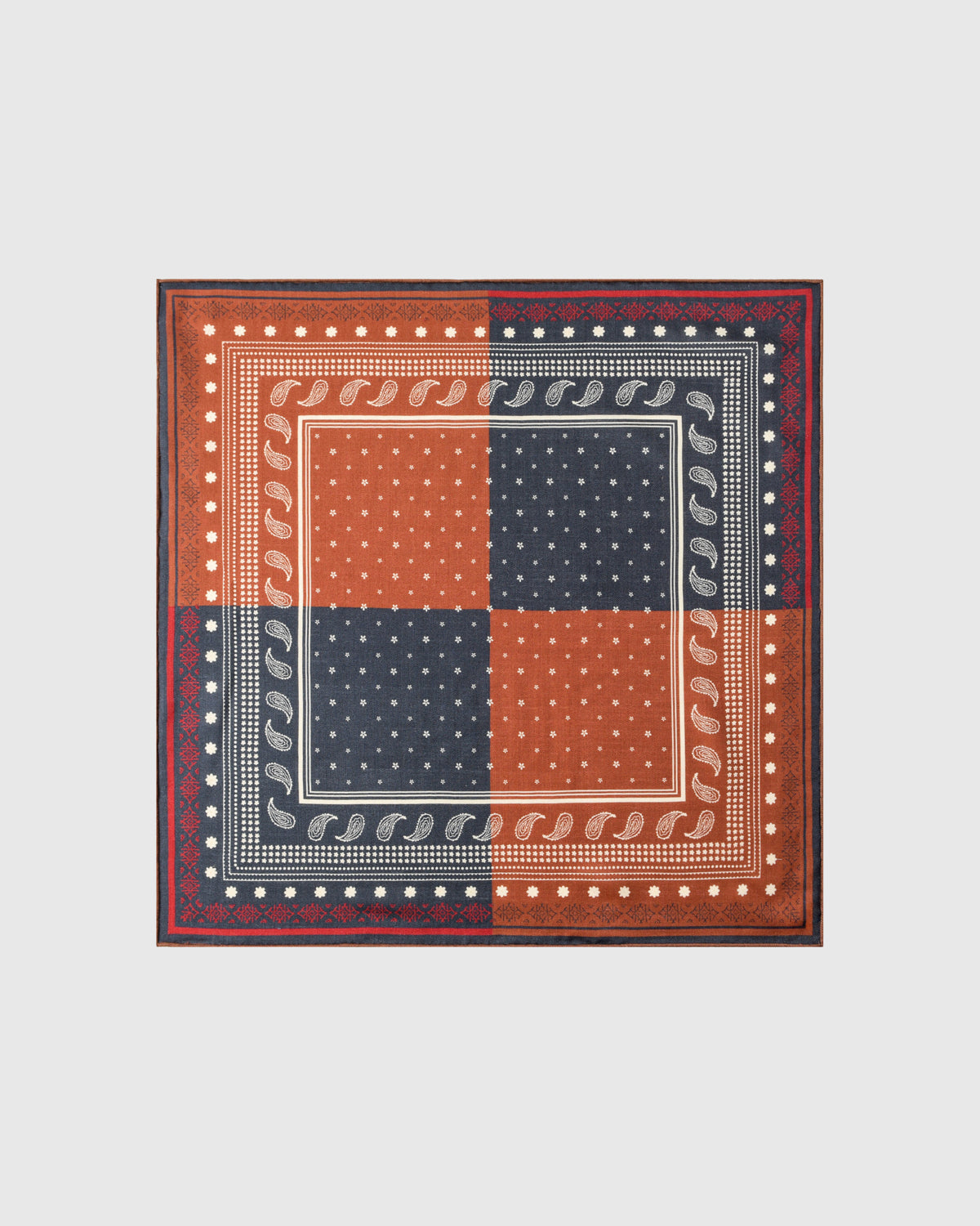 Saddle bandana silk scarf with rust and navy checker and ivory paisley border by STICKYZOO