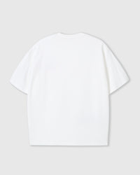 Back view of STICKYZOO white Runaway Croissant T-Shirt showing boxy silhouette and ribbed neckline