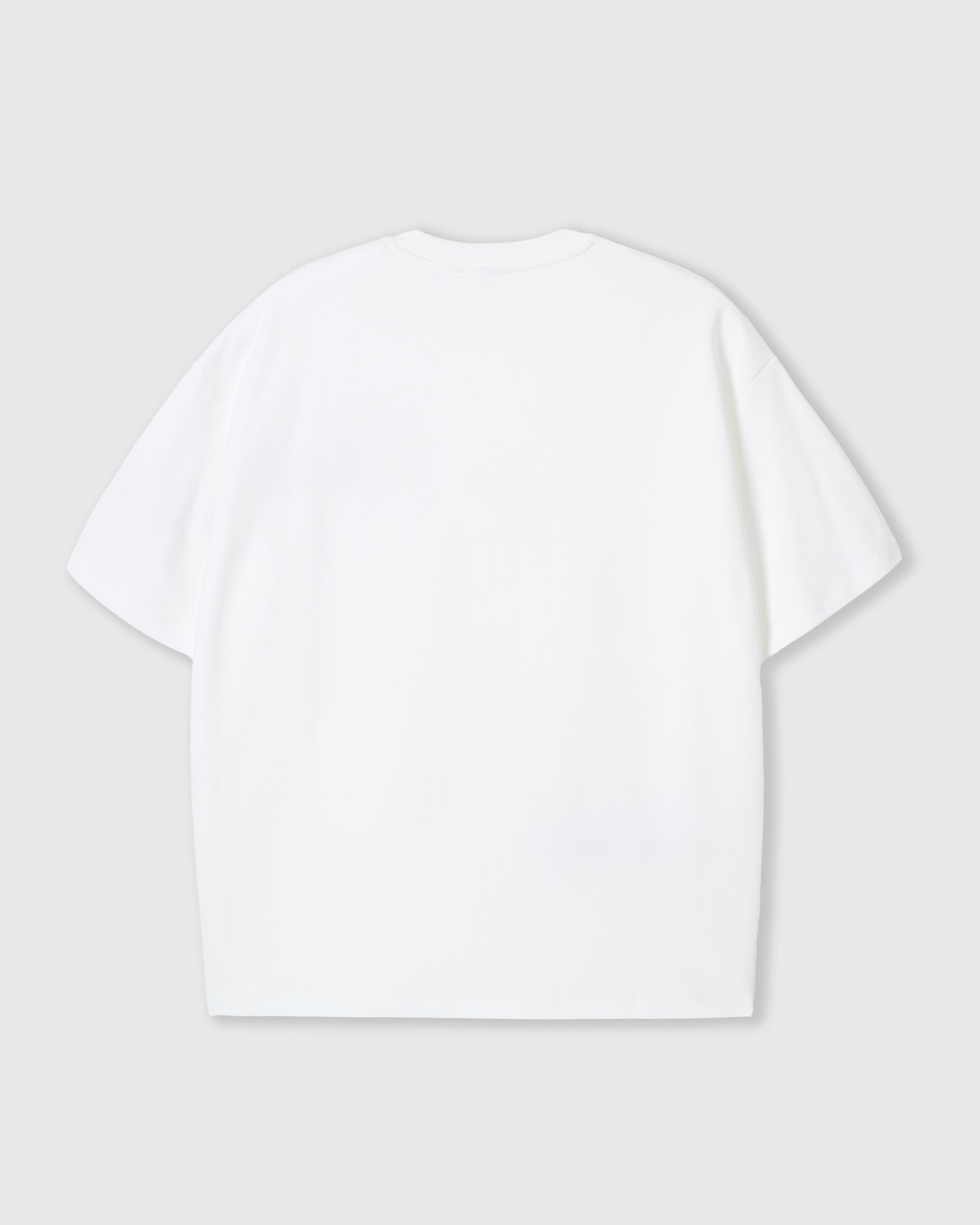 Back view of STICKYZOO white Runaway Croissant T-Shirt showing boxy silhouette and ribbed neckline