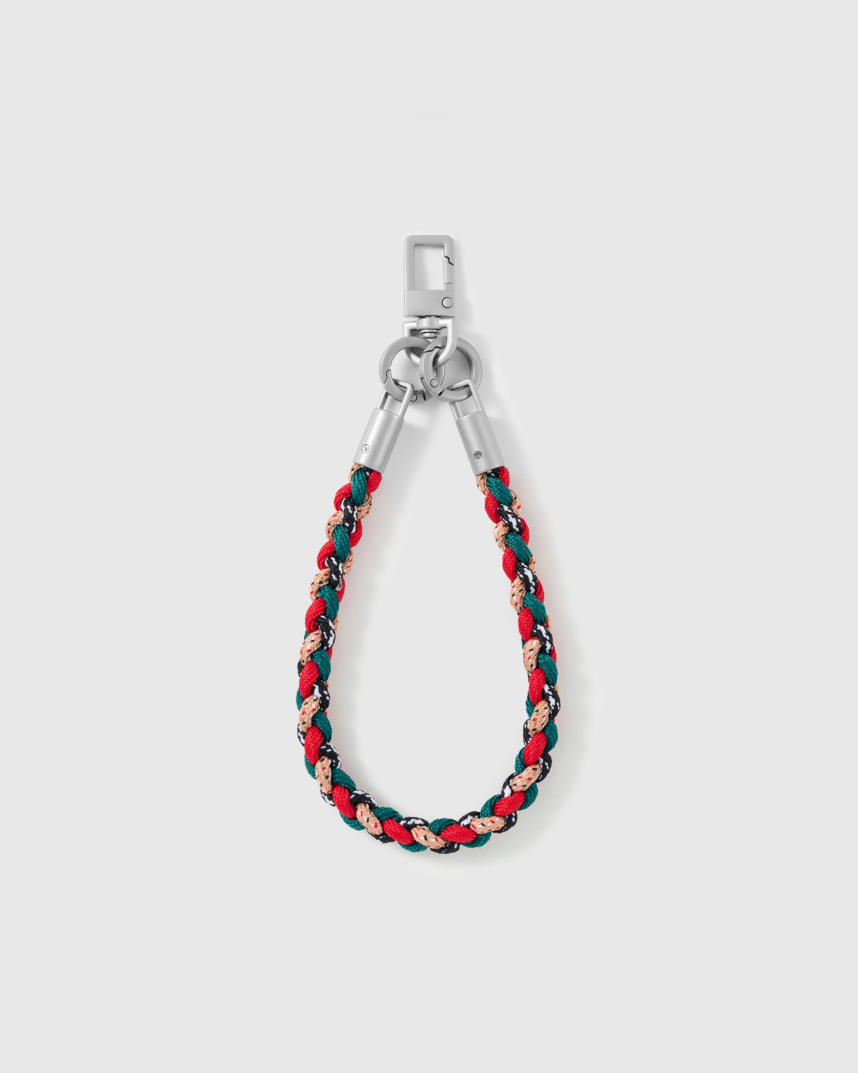 Detail of the two-tone red and pine braided cord and silver-tone hardware, loved by thousands of STICKYZOO customers