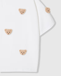 Detail of sleeve and body on STICKYZOO white Bear T-Shirt showing plush bear faces at different angles