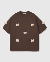 STICKYZOO KHAKI TEDDY CHECK-EAR CHARM T-SHIRT in Khaki featuring 7 hand-stitched plush bears, designed in Amsterdam