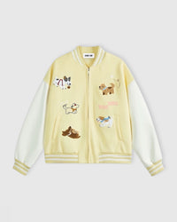 STICKYZOO WAG WAG PUPPY JACKET with six hand-embroidered puppy motifs in varsity jacket style, designed in Amsterdam