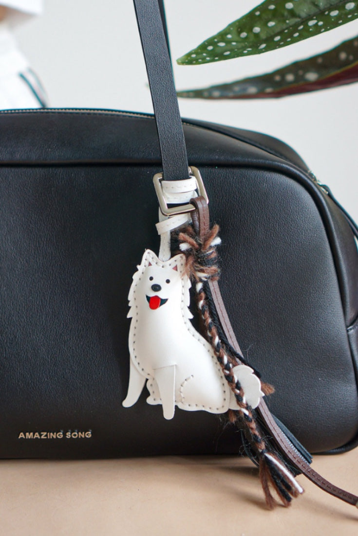 Cute Samoyed Sunflower Genuine popular Leather Bag Charm