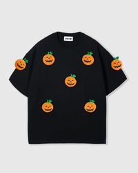 STICKYZOO Pumpkin Halloween T-Shirt in black with seven hand-stitched plush jack-o-lantern pumpkins