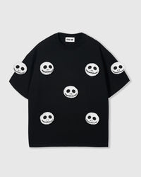 STICKYZOO Skull-Smiles Halloween T-Shirt in black with seven hand-stitched plush skull face appliques