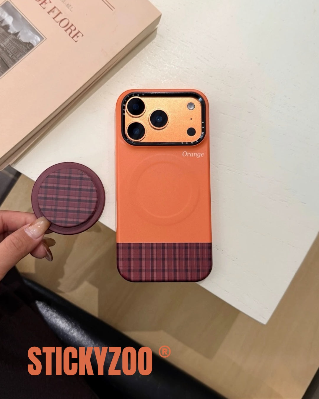 Orange iPhone Case with MagSafe – Retro Plaid Grip Design – STICKY