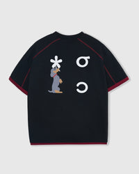 STICKYZOO Dachshund Bloom Ringer T-Shirt in black with burgundy ringer trim and embroidered detail