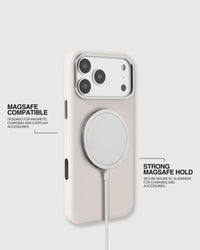 White leather case holding a MagSafe charger with strong built-in magnetic alignment