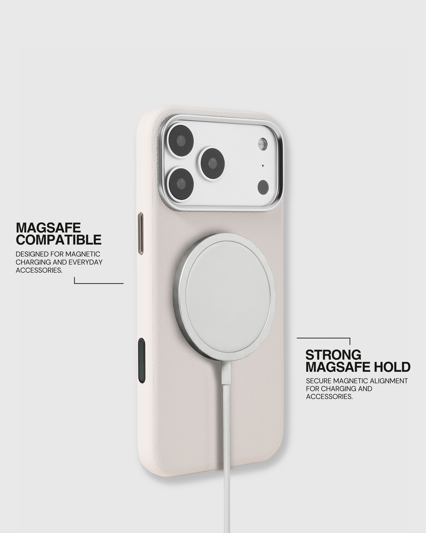 White leather case holding a MagSafe charger with strong built-in magnetic alignment