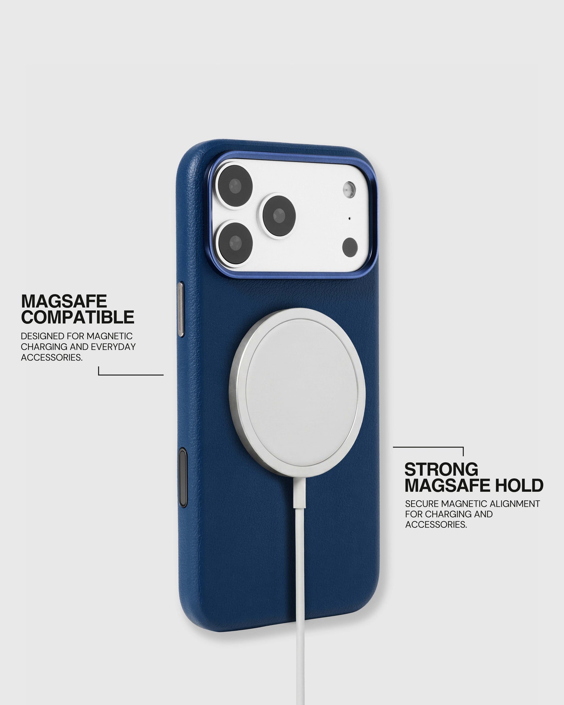 Navy leather case holding a MagSafe charger with strong built-in magnetic alignment