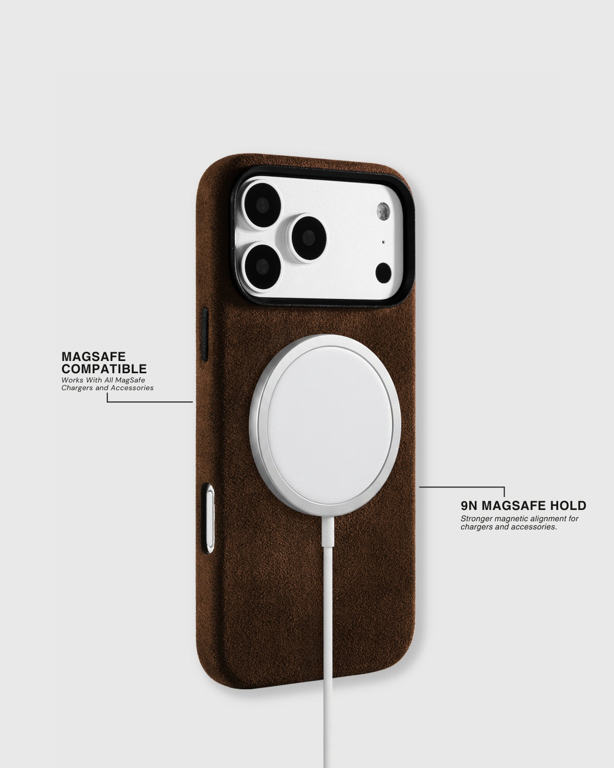{{9N MagSafe hold}} MagSafe charger attached to STICKYZOO espresso brown Alcantara case with strong neodymium magnetic hold