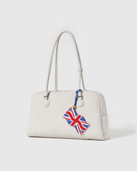 Union Jack charm with gold keychain clasp, split ring, and engraved STICKYZOO coin