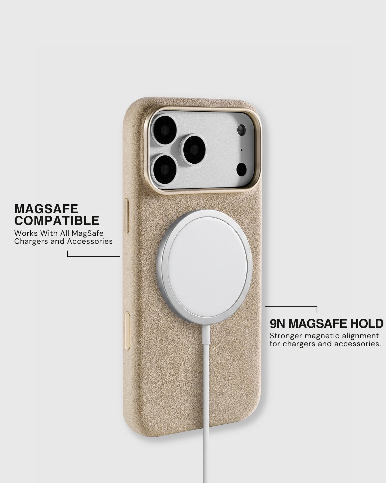 MagSafe charger attached to sand Alcantara phone case with strong magnetic hold