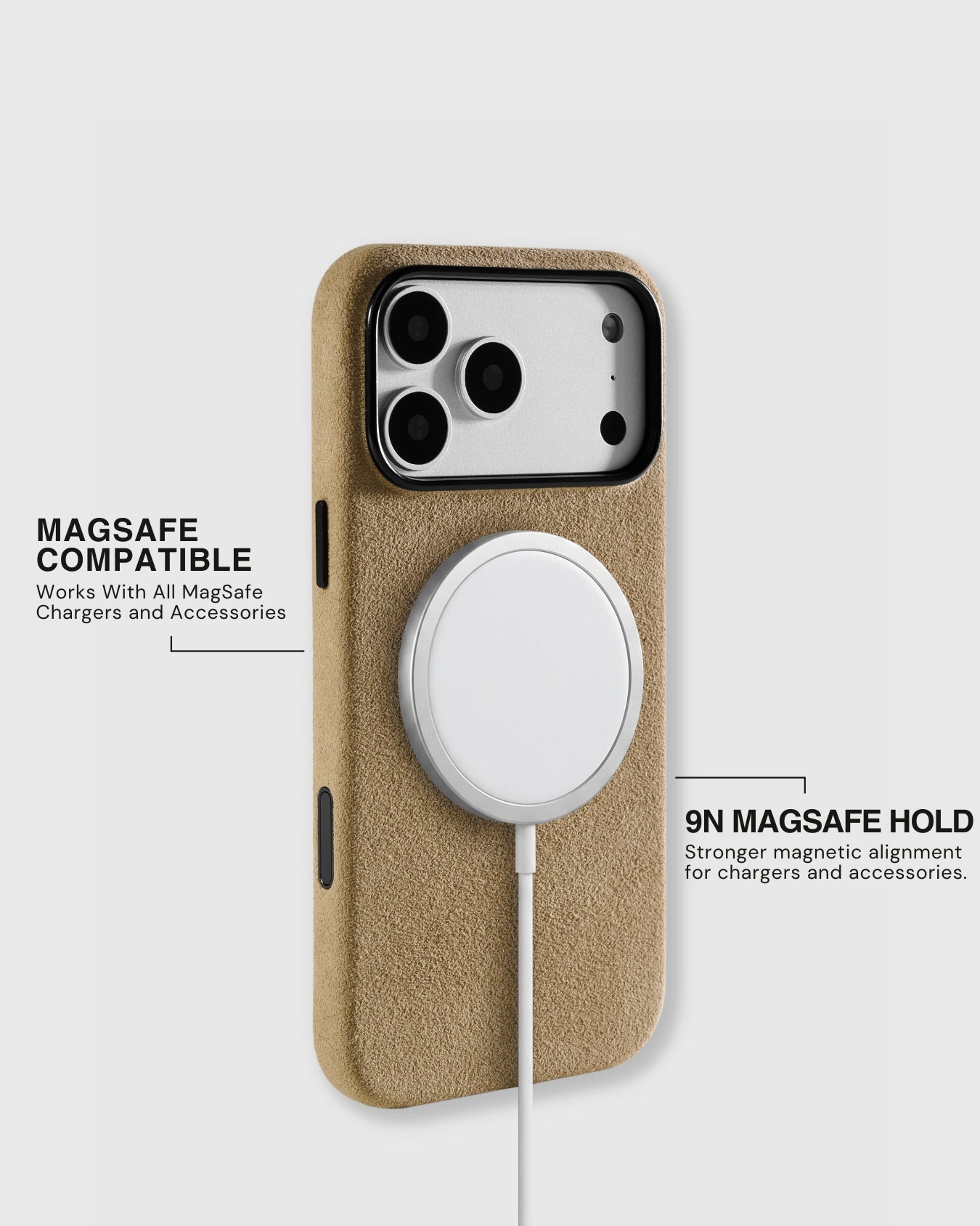 MagSafe charger attached to STICKYZOO camel Alcantara phone case showing secure 9N neodymium magnetic alignment