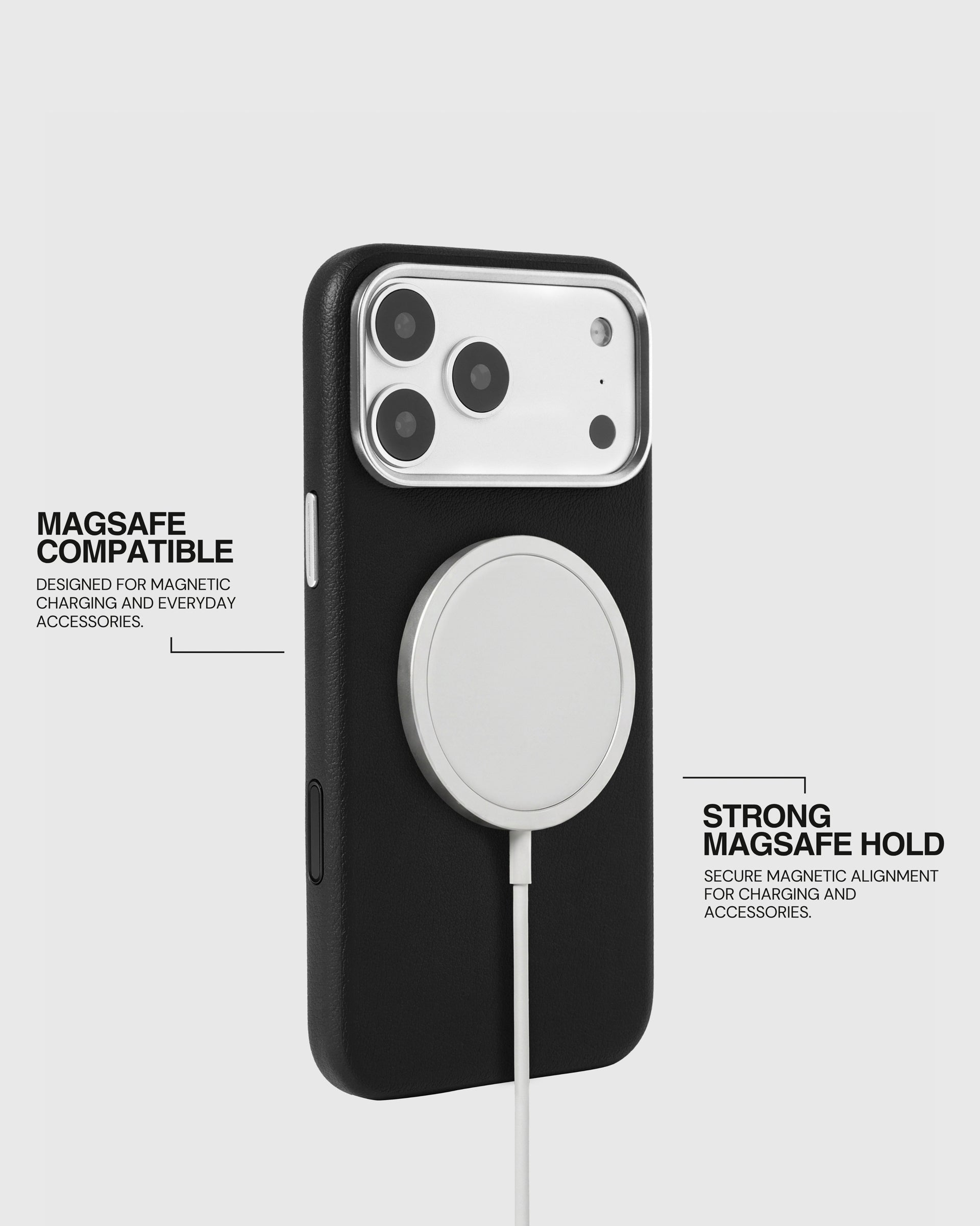 Black leather case holding a MagSafe charger with strong built-in magnetic alignment